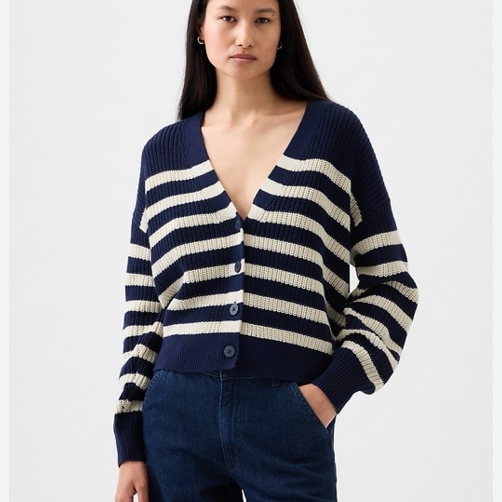 Striped Navy & Cream V-Neck Button Cardigan Sweater size M